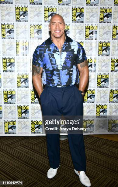 Dwayne Johnson attends the 2022 Comic-Con International: San Diego - Warner Bros. "Black Adam" press line at Hilton Bayfront on July 23, 2022 in San...