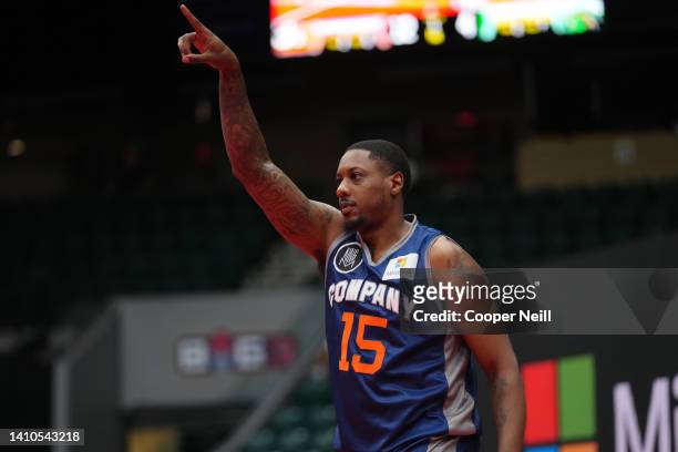 Mario Chalmers of 3's Company celebrates after a shot against the Ball Hogs during BIG3 Week Six at Comerica Center on July 23, 2022 in Frisco, Texas.