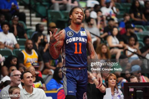 Michael Beasley of 3's Company celebrates against the Ball Hogs during BIG3 Week Six at Comerica Center on July 23, 2022 in Frisco, Texas.