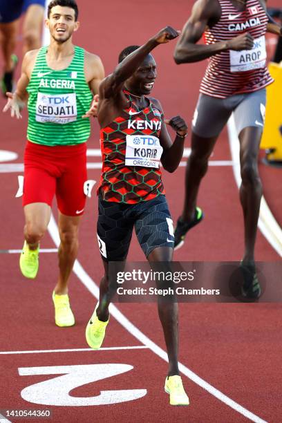 Emmanuel Kipkurui Korir of Team Kenya crosses the finish line to win gold in the Men's 800m Final on day nine of the World Athletics Championships...