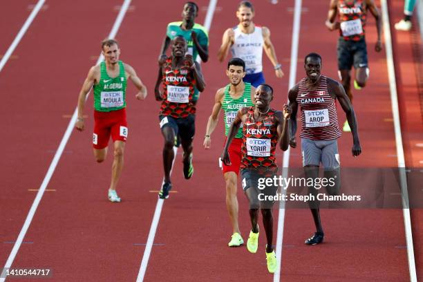 Djamel Sedjati of Team Algeria, Emmanuel Kipkurui Korir of Team Kenya, and Marco Arop of Team Canada compete in the Men's 800m Final on day nine of...