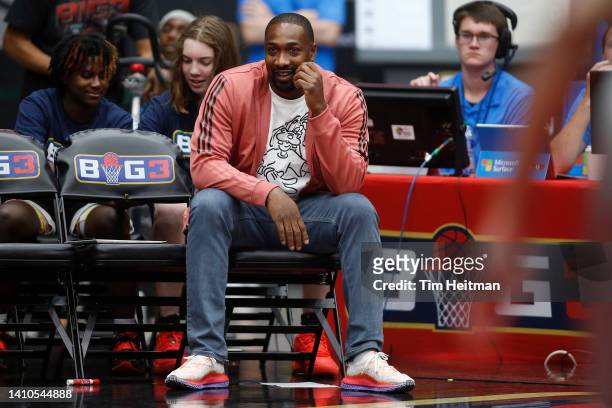 Head coach Gilbert Arenas of the Enemies looks on from the bench during BIG3 Week Six at Comerica Center on July 23, 2022 in Frisco, Texas.