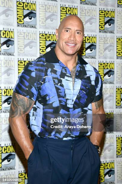 Dwayne Johnson attends the 2022 Comic-Con International: San Diego - Warner Bros. "Black Adam" press line at Hilton Bayfront on July 23, 2022 in San...