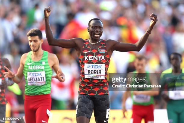 Emmanuel Kipkurui Korir of Team Kenya celebrates winning gold in the Men's 800m Final on day nine of the World Athletics Championships Oregon22 at...