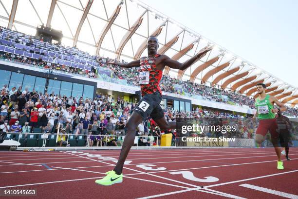 Emmanuel Kipkurui Korir of Team Kenya crosses the finish line to win gold in the Men's 800m Final on day nine of the World Athletics Championships...