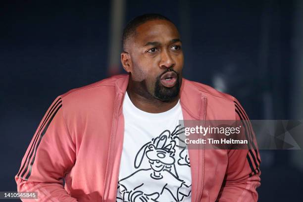 Head coach Gilbert Arenas of the Enemies runs out during introductions against the Trilogy during BIG3 Week Six at Comerica Center on July 23, 2022...