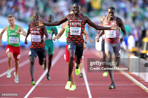 Emmanuel Kipkurui Korir of Team Kenya crosses the finish line to win gold in the Men's 800m Final on day nine of the World Athletics Championships...