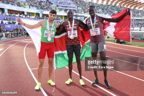 Silver medalist Djamel Sedjati of Team Algeria, gold medalist Emmanuel Kipkurui Korir of Team Kenya and bronze medalist Marco Arop of Team Canada...