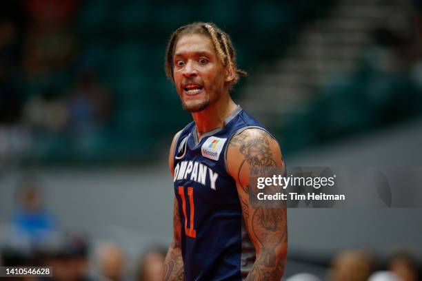 Michael Beasley of 3's Company reacts against the Ball Hogs during BIG3 Week Six at Comerica Center on July 23, 2022 in Frisco, Texas.