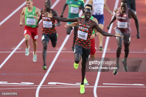 Emmanuel Kipkurui Korir of Team Kenya crosses the finish line to win gold in the Men's 800m Final on day nine of the World Athletics Championships...