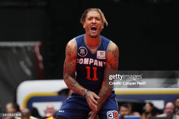 Michael Beasley of 3's Company reacts against the Ball Hogs during BIG3 Week Six at Comerica Center on July 23, 2022 in Frisco, Texas.