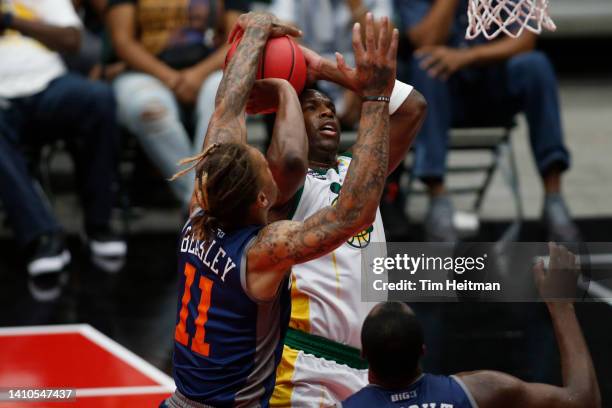 Michael Beasley of 3's Company blocks the shot by Jodie Meeks of the Ball Hogs during BIG3 Week Six at Comerica Center on July 23, 2022 in Frisco,...