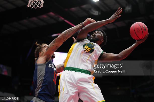 Kuran Iverson of the Ball Hogs shoots against Michael Beasley of 3's Company during BIG3 Week Six at Comerica Center on July 23, 2022 in Frisco,...