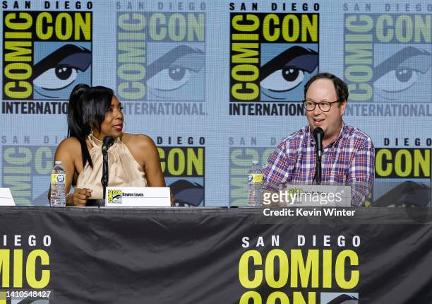 Dawnn Lewis and Mike McMahan speak onstage at the Star Trek Universe Panel during 2022 Comic Con International: San Diego at San Diego Convention...