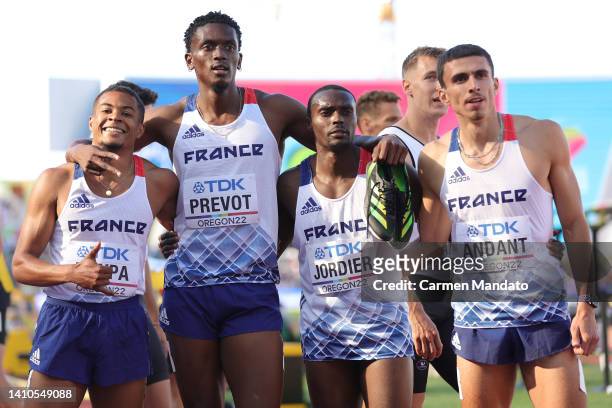 Simon Boypa, Loic Prevot, Thomas Jordier, and Teo Andant of Team France pose after competing in the Men's 4x400m Relay heats on day nine of the World...
