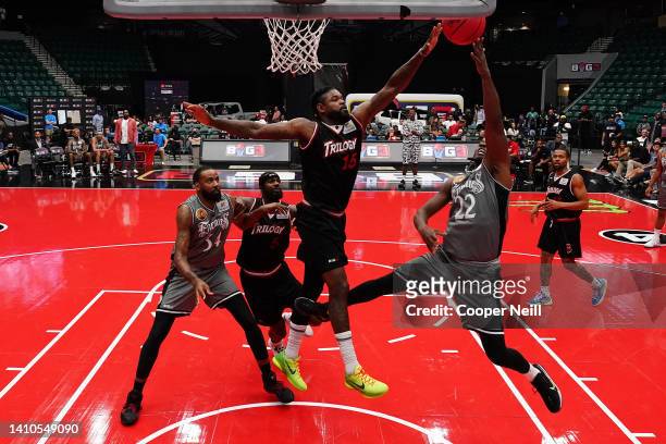 Sek Henry of the Enemies attempts to shoot against Amir Johnson of the Trilogy during BIG3 Week Six at Comerica Center on July 23, 2022 in Frisco,...