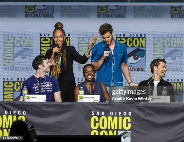 Ethan Peck, Tawny Newsome, Celia Rose Gooding, Jack Quaid, and Paul Wesley speak onstage at the Star Trek Universe Panel during 2022 Comic Con...