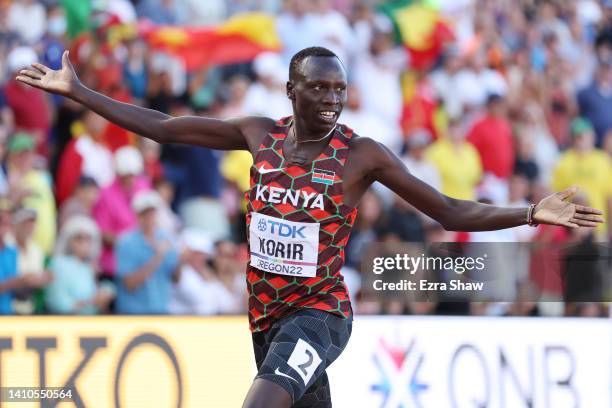 Emmanuel Kipkurui Korir of Team Kenya celebrates winning gold in the Men's 800m Final on day nine of the World Athletics Championships Oregon22 at...