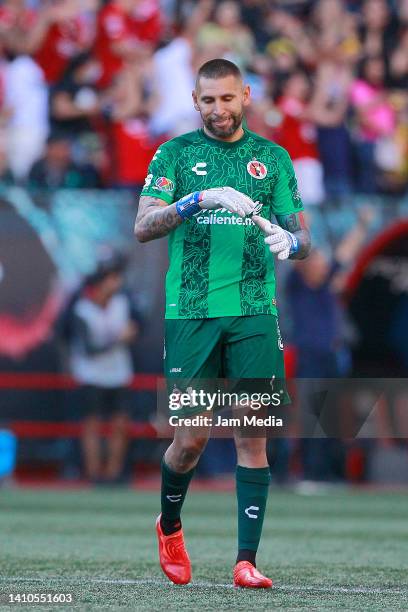 Jonathan Orozco, goalkeeper of Tijuana gestures during the 4th round match between Tijuana and America as part of the Torneo Apertura 2022 Liga MX at...