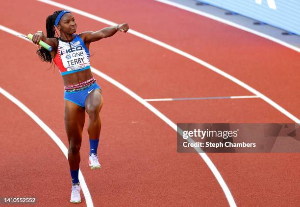 Twanisha Terry of Team United States celebrates after winning gold in the Women's 4x100m Relay Final on day nine of the World Athletics Championships...