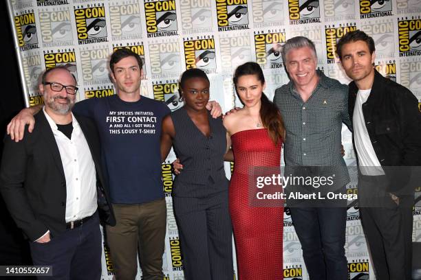 Alex Kurtzman, Ethan Peck, Celia Rose Gooding, Christina Chong, Anson Mount, and Paul Wesley attend the Star Trek Universe Panel during 2022 Comic...