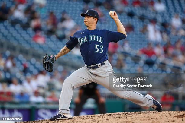 Tommy Milone of the Seattle Mariners pitches against the Washington Nationals during the fifth inning of game two of a doubleheader at Nationals Park...