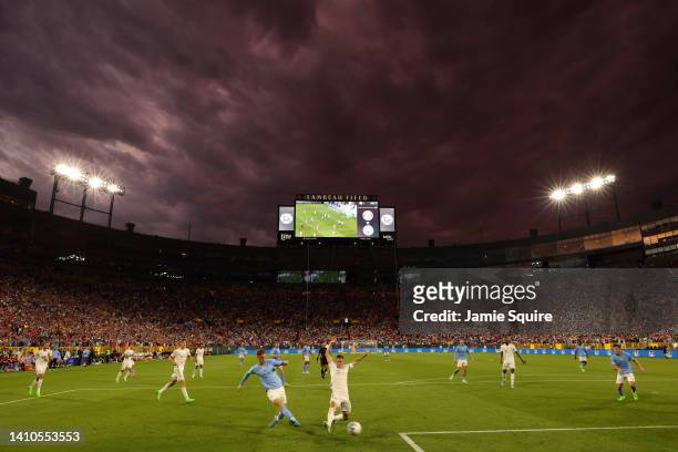 General view of play during the pre-season friendly match between Bayern Munich and Manchester City at Lambeau Field on July 23, 2022 in Green Bay,...