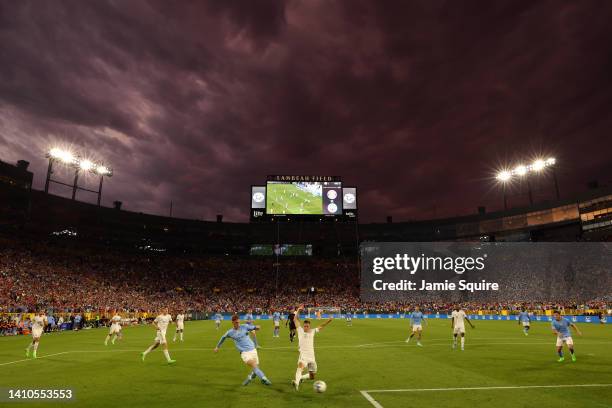 General view of play during the pre-season friendly match between Bayern Munich and Manchester City at Lambeau Field on July 23, 2022 in Green Bay,...