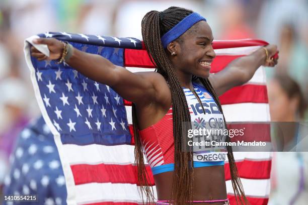 Twanisha Terry of Team United States celebrates winning gold in the Women's 4x100m Relay Final on day nine of the World Athletics Championships...