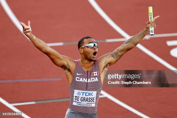 Andre de Grasse of Team Canada crosses the finish line to win the Men's 4x100m Relay Final on day nine of the World Athletics Championships Oregon22...