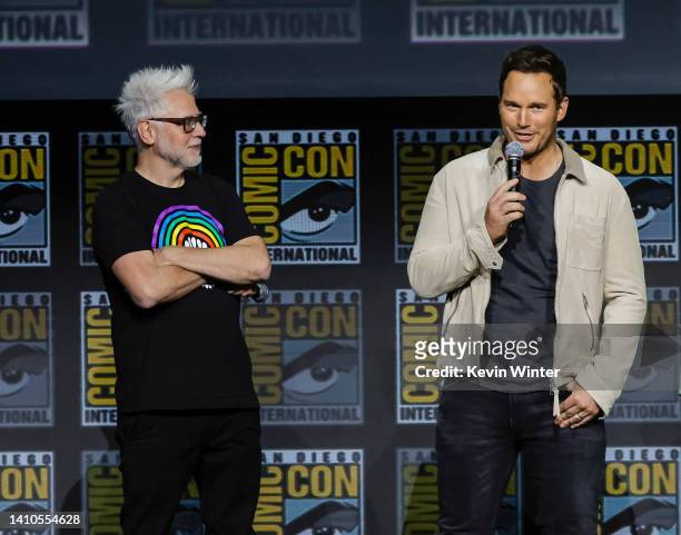 James Gunn and Chris Pratt speak onstage at the Marvel Cinematic Universe Mega-Panel during 2022 Comic Con International: San Diego at San Diego...