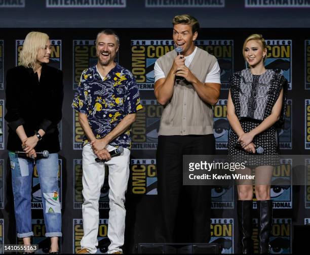 Pom Klementieff, Sean Gunn, Will Poulter, and Maria Bakalova speak onstage at the Marvel Cinematic Universe Mega-Panel during 2022 Comic Con...