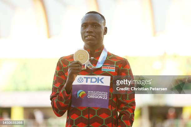 Gold medalist Emmanuel Kipkurui Korir of Team Kenya poses during the medal ceremony for the Men's 800m Final on day nine of the World Athletics...