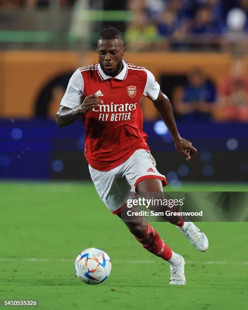 Nuno Tavares of Arsenal runs with the ball during the Florida Cup match between Chelsea and Arsenal at Camping World Stadium on July 23, 2022 in...