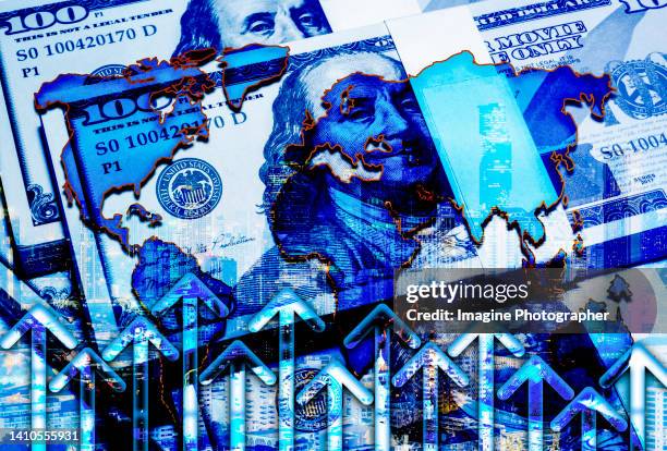 double exposure, revealed dollar bills overlaid with world map, many arrows point up and city view. concept inflation problem, dollar value, business market crisis and currency exchange. - tax fraud stock-fotos und bilder