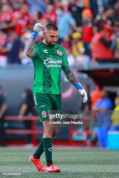Jonathan Orozco, goalkeeper of Tijuana celebrates his team's second goal during the 4th round match between Tijuana and America as part of the Torneo...