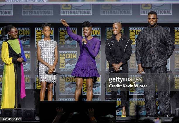 Lupita Nyong'o, Letitia Wright, Danai Gurira, Florence Kasumba, and Winston Duke speak onstage at the Marvel Cinematic Universe Mega-Panel during...