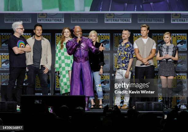 James Gunn, Chris Pratt, Karen Gillan, Chukwudi Iwuji, Pom Klementieff, Sean Gunn, Will Poulter, and Maria Bakalova speak onstage at the Marvel...