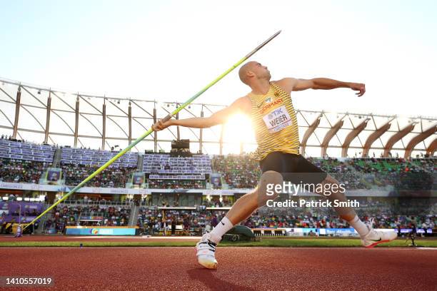 Julian Weber of Team Germany competes in the Men's Javelin Throw Final on day nine of the World Athletics Championships Oregon22 at Hayward Field on...