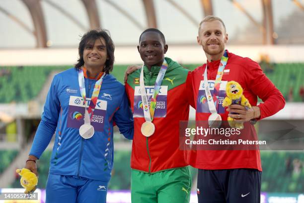 Silver medalist Neeraj Chopra of Team India, gold medalist Anderson Peters of Team Grenada, and bronze medalist Jakub Vadlejch of Team Czech Republic...
