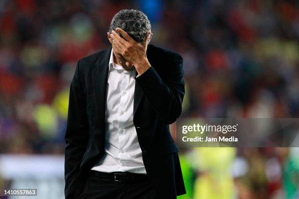 Fernando Ortiz head coach of America reacts after the 4th round match between Tijuana and America as part of the Torneo Apertura 2022 Liga MX at...