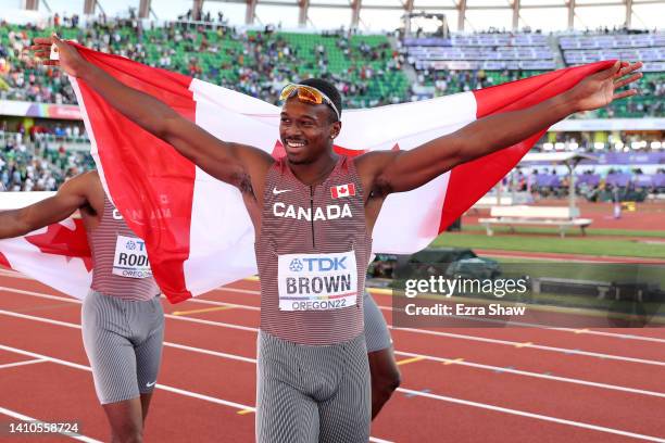 Aaron Brown of Team Canada celebrates winning gold in the Men's 4x100m Relay Final on day nine of the World Athletics Championships Oregon22 at...