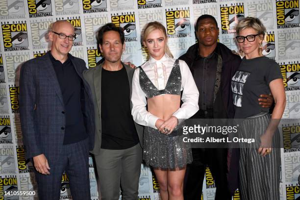 Peyton Reed, Paul Rudd, Kathryn Newton, Jonathan Majors, and Evangeline Lilly attend the Marvel Cinematic Universe Mega-Panel during 2022 Comic Con...