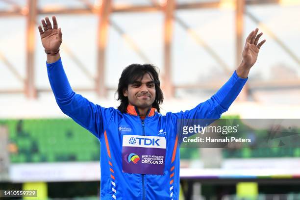 Silver medalist Neeraj Chopra of Team India poses during the medal ceremony for the Men's Javelin Final on day nine of the World Athletics...