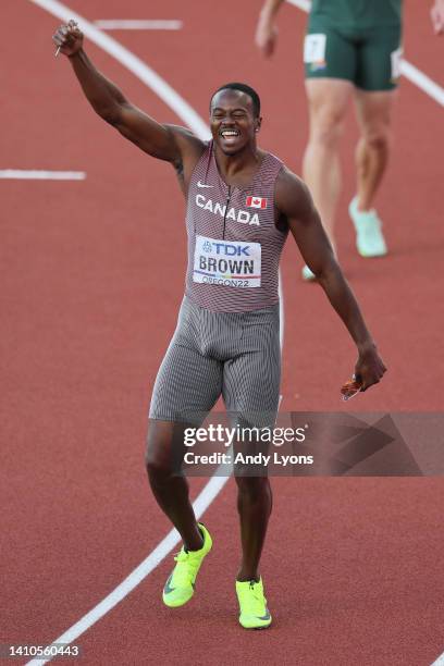 Aaron Brown of Team Canada celebrates winning gold in the Men's 4x100m Relay Final on day nine of the World Athletics Championships Oregon22 at...