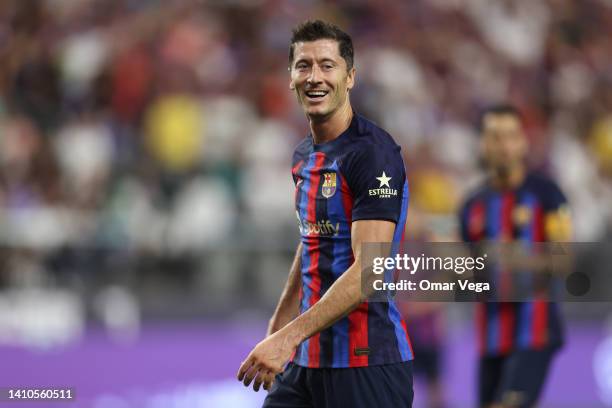 Robert Lewandowski of Barcelona looks on during the preseason friendly match between Real Madrid and Barcelona at Allegiant Stadium on July 23, 2022...