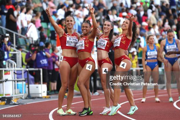 Sonia Molina-Prados, Jaël Bestue, Paula Sevilla, and Maria Isabel Perez of Team Spain pose after competing in the Women's 4x100m Relay Final on day...