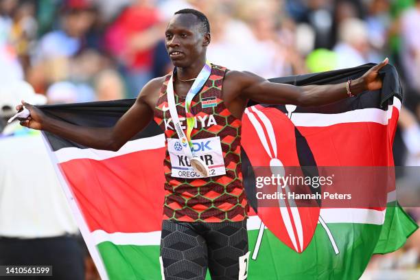 Emmanuel Kipkurui Korir of Team Kenya celebrates winning gold in the Men's 800m Final on day nine of the World Athletics Championships Oregon22 at...