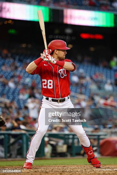 Lane Thomas of the Washington Nationals at bat against the Seattle Mariners during the seventh inning of game two of a doubleheader at Nationals Park...