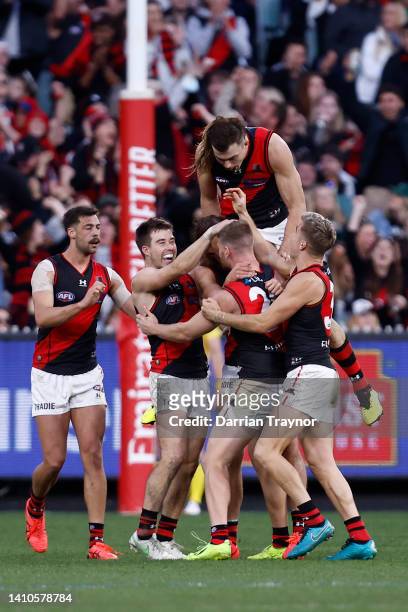 Jake Stringer of the Bombers celebrates a goal during the round 19 AFL match between the Collingwood Magpies and the Essendon Bombers at Melbourne...